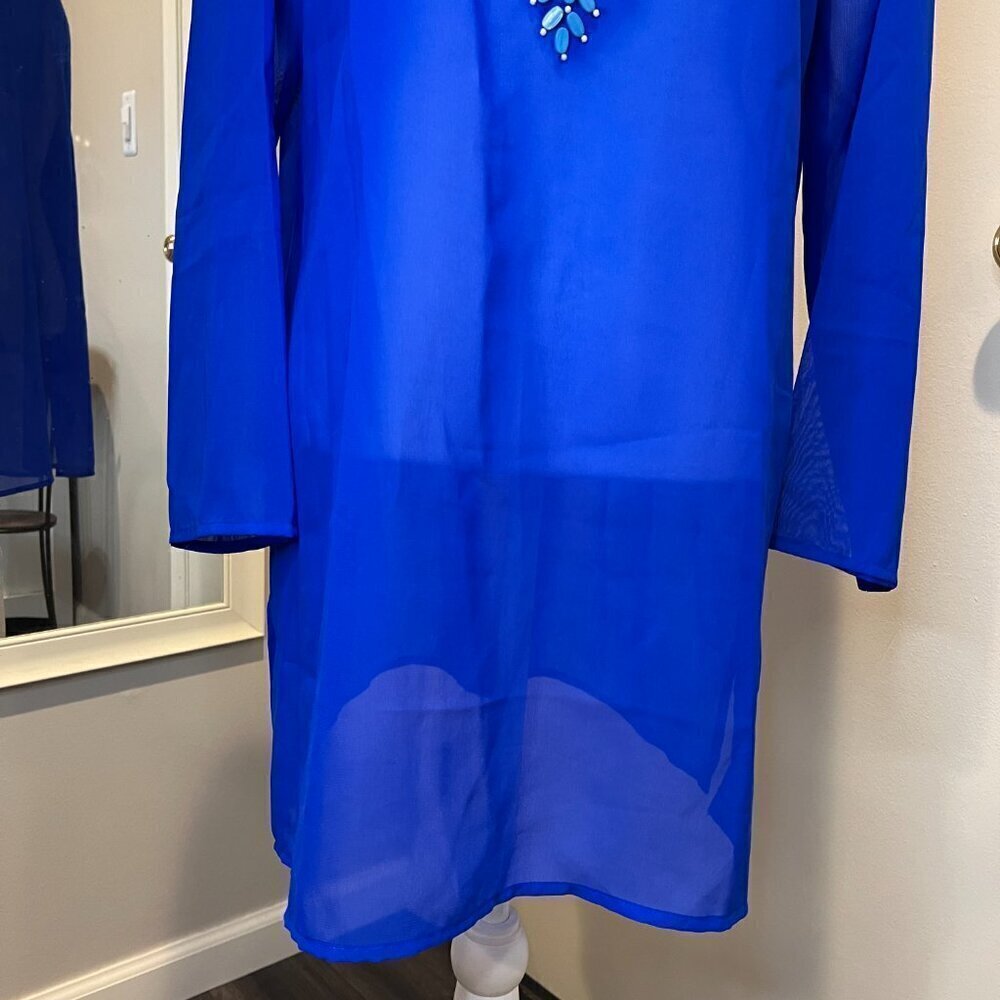 Club Z Collection Royal Blue beaded sheer cover up tunic, Size Medium - Picture 7 of 15